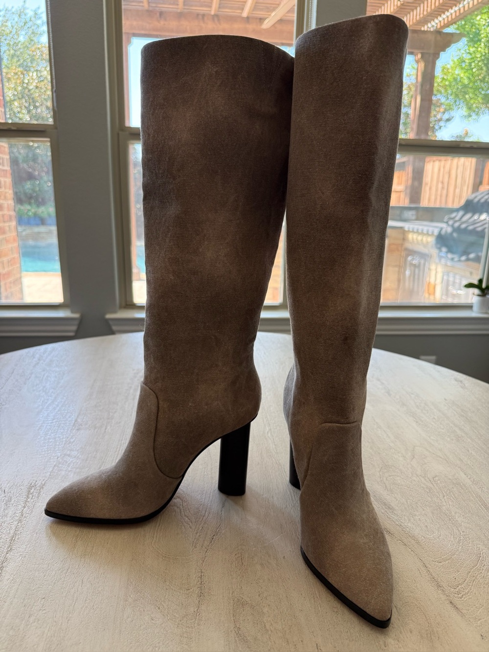 Tall beige canvas Knee-High Boots with Block Heel